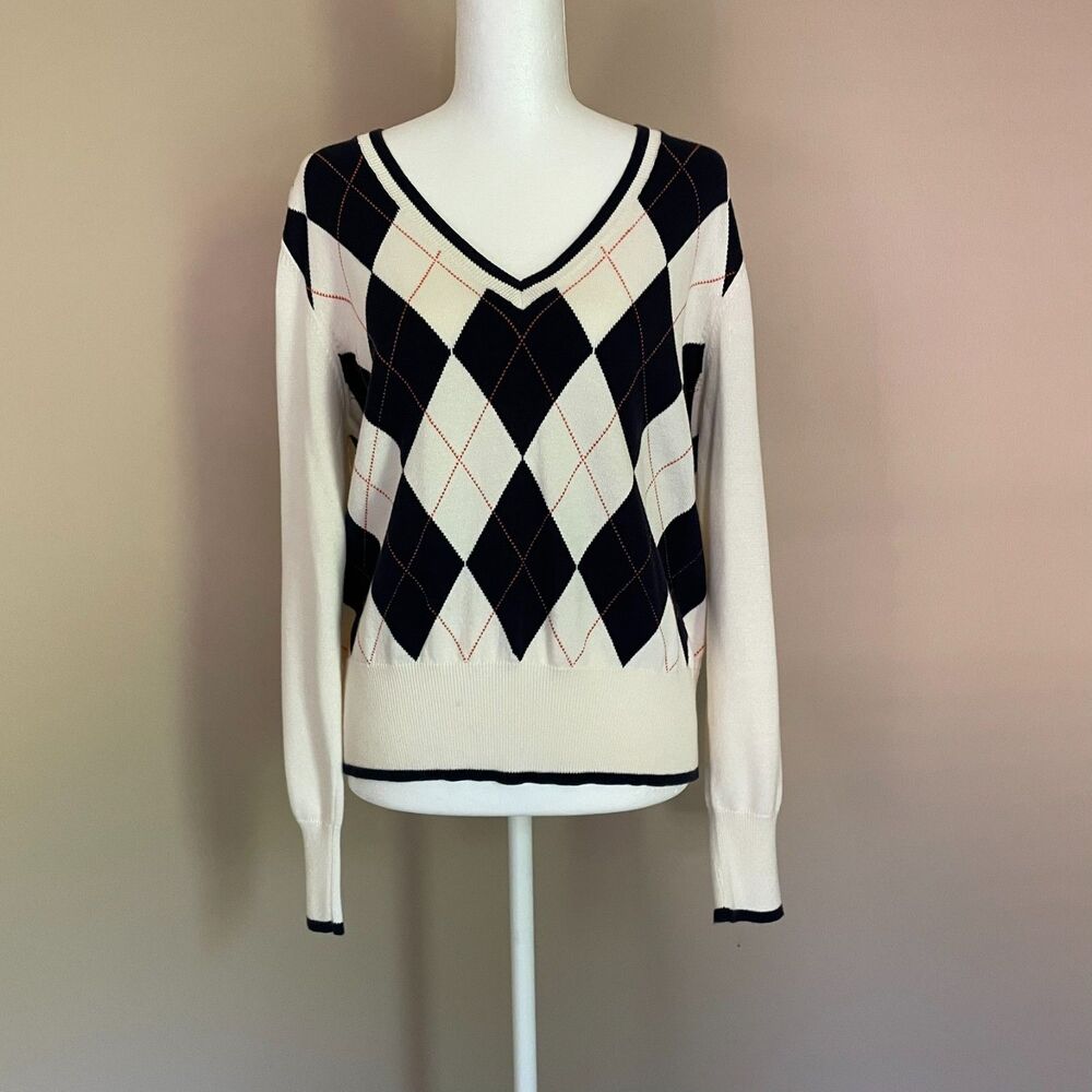Tommy Hilfiger Argyle Sweater Womens XL Preppy Academia Old School Cotton Blend